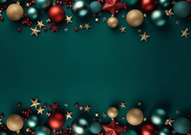 Natal e feliz ano novo fundo verde com bolas e enfeites de natal Espaço de cópia de vista superior IA generativa