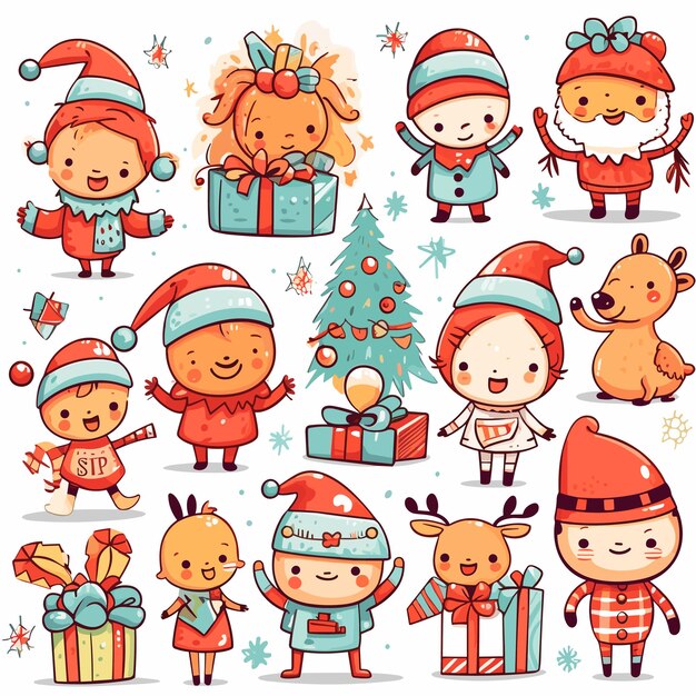 Foto natal e feliz ano novo personagens e elementos de desenhos animados