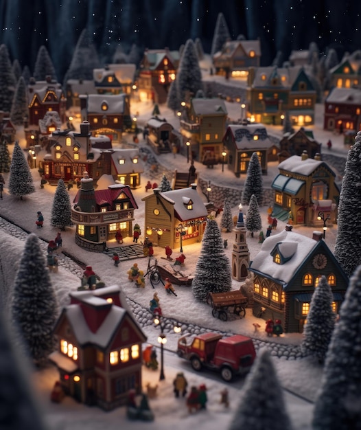 Foto natal em miniatura numa aldeia de neve.