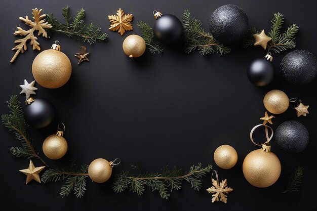 Natal Flat Lay Background Baubles e decoração em fundo preto escuro Design minimalista Copy Space Horizontal