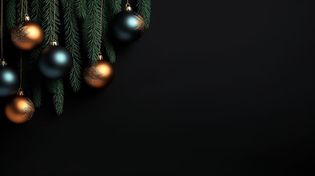 Natal Flat Lay Background Bolas e decoração em fundo preto escuro design minimalista Copy Space Horizontal