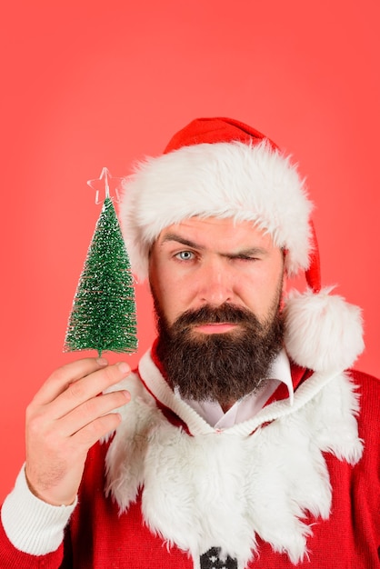 Natal, inverno, feriado, ano novo, conceito, papai noel, segurando, pequeno, árvore de natal, homem barbudo, pronto para