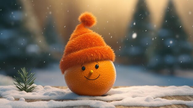 Foto natal laranja bonito desenho animado laranja vestindo chapéu de papai noel em fundo de inverno