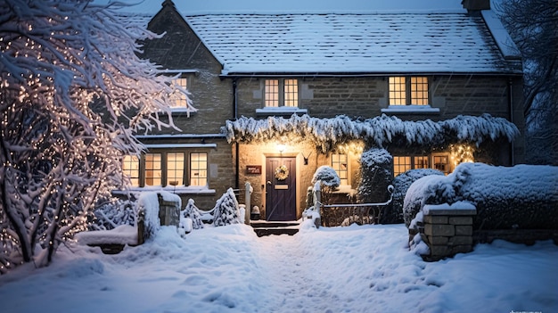 Natal na casa de campo e jardim decorado para feriados em uma noite de inverno com neve e luzes natalinas Inspiração no estilo country inglês