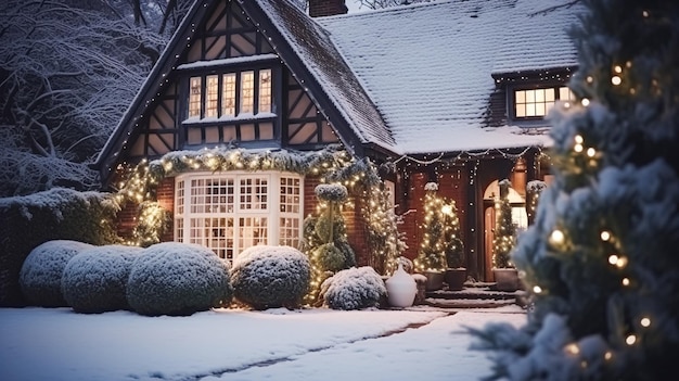 Natal na mansão rural Mansão de casa de campo inglesa decorada para feriados em uma noite de inverno nevado com neve e luzes de férias Feliz Natal e boas festas design