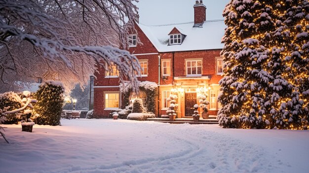 Foto natal no campo mansão casa de campo inglesa mansão decorada para férias em uma noite de inverno nevado com neve e luzes de férias feliz natal e felizes férias