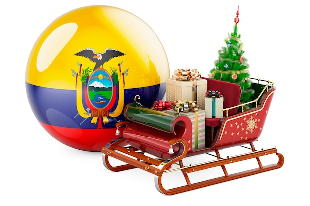 Foto natal no equador conceito natal santa trenó cheio de presentes com bandeira equatoriana renderização 3d isolado em fundo branco