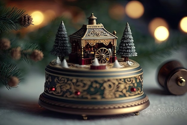 Natal no fundo da cama de agulha da caixa de música da árvore de natal criada com ai generativa