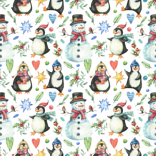 Natal, padrão de ano novo com bonecos de neve bonitos dos desenhos animados, pinguins e decoração de férias.