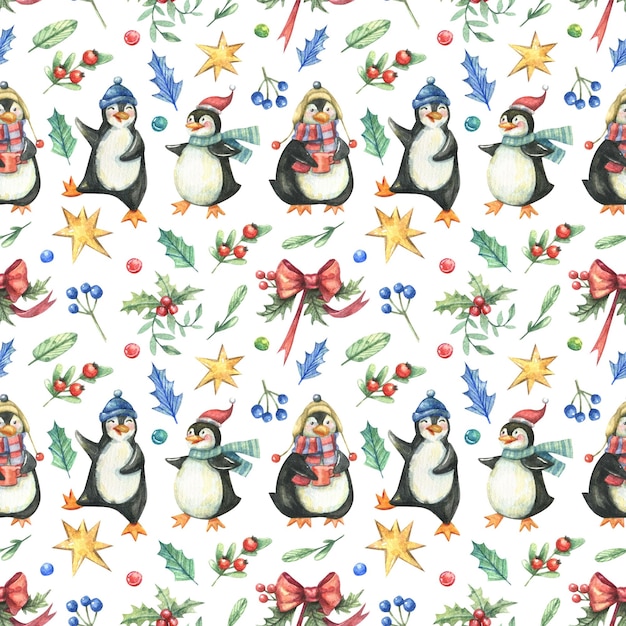 Foto natal, padrão de ano novo com pinguins de desenho animado fofos e decoração de férias pintada em aquarela.