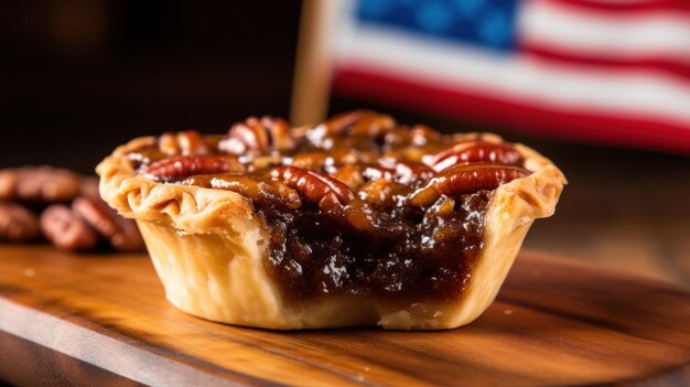 National Pie Day ein kleiner Kuchen mit Pekannüssen und einer amerikanischen Flagge ai