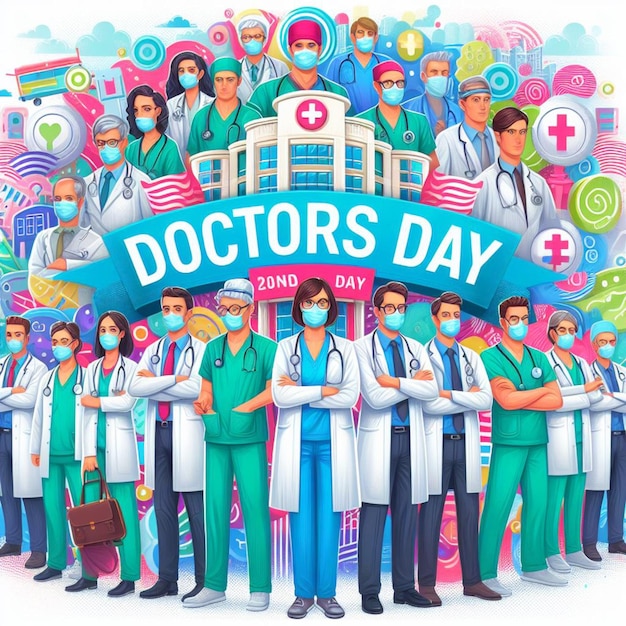 Nationaler Arzttag Hintergrund Illustration Arzt steht vor ihrem Team im Krankenhaus