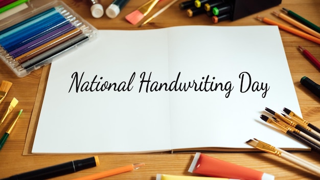 Nationaler Handschrifttag Januar Handbeschriftungstext auf Papiernotizblock mit Stiften und