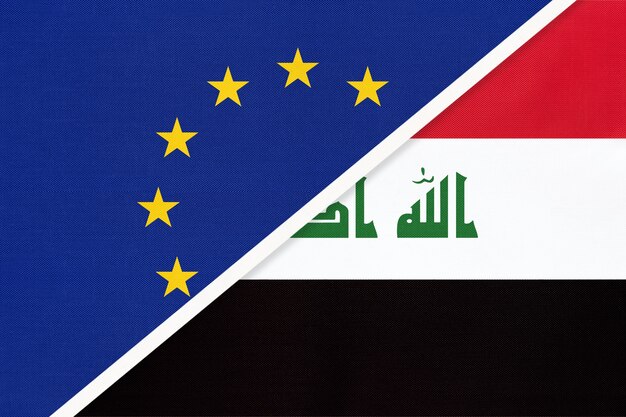 Nationalflagge der Europäischen Union oder der EU und der Republik Irak aus Textil.