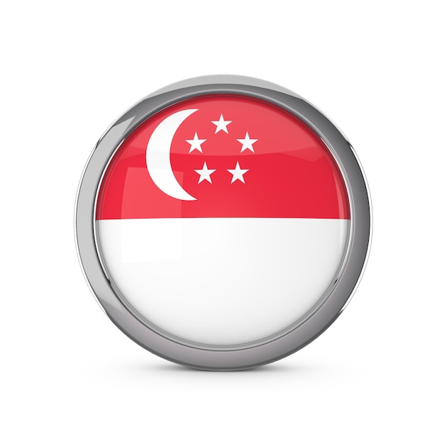 Nationalflagge Singapurs in glänzender Kreisform mit Chromrahmen 3D-Rendering