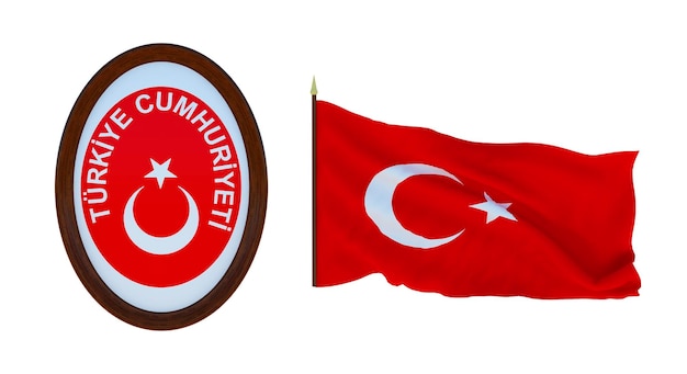 Nationalflagge und das Wappen 3D-Darstellung der Türkei