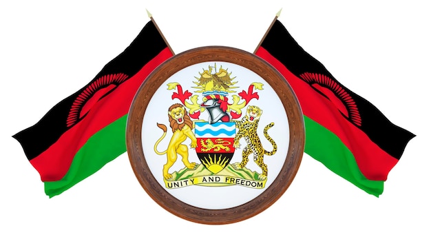 Nationalflagge und das Wappen 3D-Darstellung von Barbados Hintergrund mit Flagge von Malawi