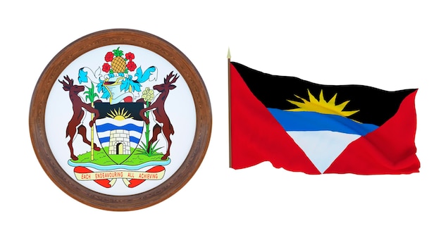 Nationalflagge und das Wappen 3D-Darstellung von Barbuda