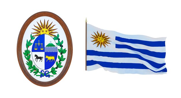 Nationalflagge und das Wappen 3D-Darstellung von Uruguay