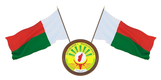 Nationalflagge und Wappen 3D-Darstellung von Madagaskar Hintergrund für Redakteure und Designer Nationalfeiertag