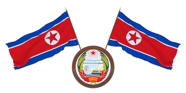 Nationalflagge und Wappen 3D-Darstellung von Nordkorea Hintergrund für Redakteure und Designer Nationalfeiertag