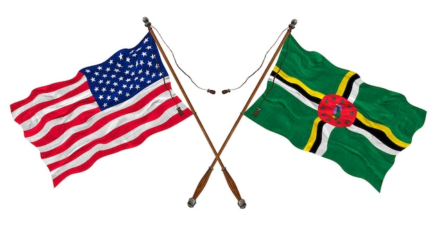 Nationalflagge von Dominica und den Vereinigten Staaten von Amerika Hintergrund für Designer
