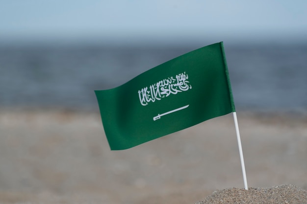 Nationalflagge von Saudi-Arabien auf Seehintergrund. Grüne Flagge mit Schwert.