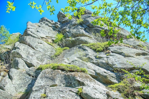 Nationalpark mit Felsenhintergrund. Tausendjährige Festung von Tustan, archäologisches und natürliches Denkmal, Ukraine, Karpaten. Blick auf die Felsen der Festung Tustan im sonnigen Sommertag.