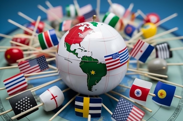 Nations Diversity Display Aufnahme kleiner Flaggen auf der Weltkarte
