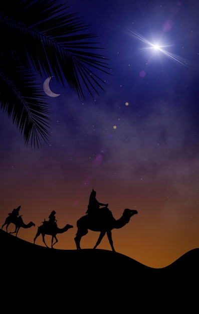 Natividade com os magos no deserto a estrela e o nascimento de jesus cristo à noite cristão
