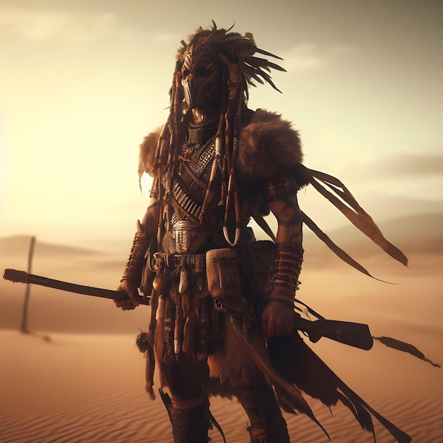 Nativo americano guerreiro índio no deserto renderização 3D