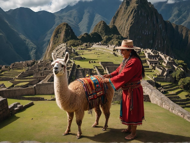 Los nativos y acariciar una llama en Machu Picchu tiro general