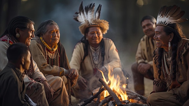 Nativos americanos compartilhando histórias ao redor de uma fogueira