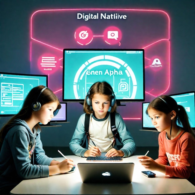 Nativos Digitais do Futuro TechSavvy World da Geração Alpha