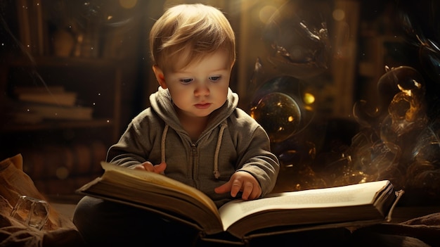 Nativos Digitais, um bebê lendo e brincando com um livro, geração alfa, crianças, futuro, crianças, imaginação