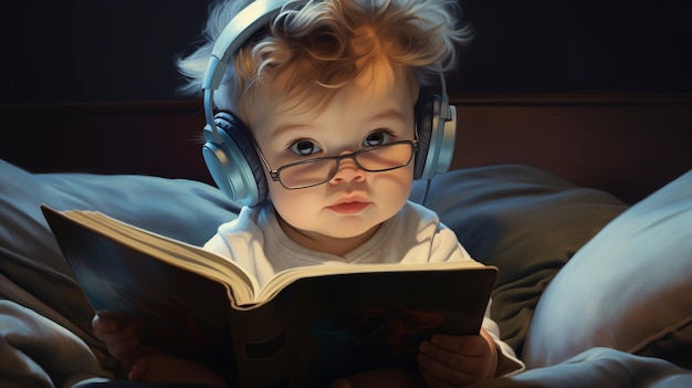 Nativos Digitais, um bebê lendo um livro usando óculos e fones de ouvido genalpha próxima geração