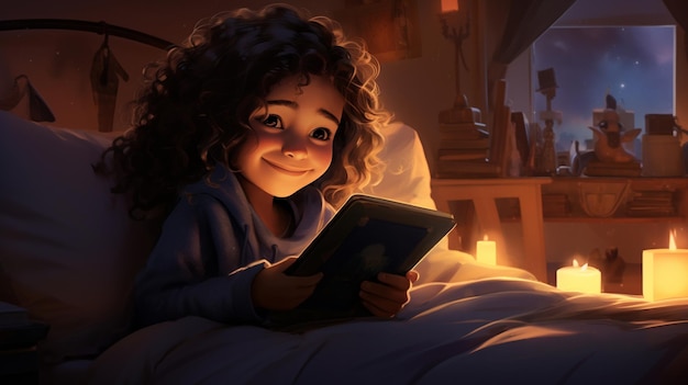 Nativos Digitais, uma garota usando um Tab enquanto estava deitada na cama genalpha kids future kids ilustração arte