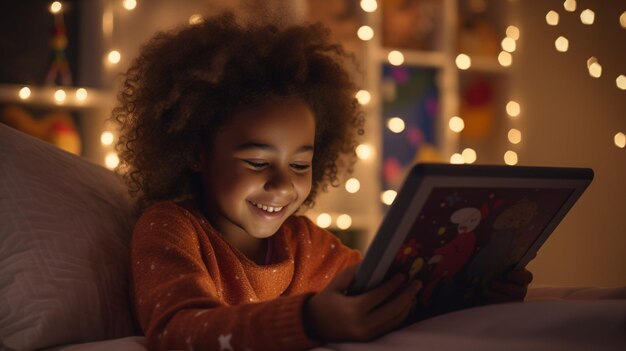 Nativos Digitais, uma linda garota usando um Tab enquanto estava deitada na cama, genalpha kids, futuros filhos