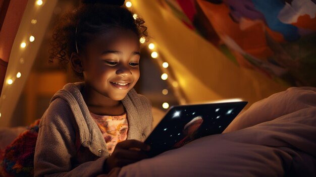 Nativos digitales una linda chica usando una pestaña mientras está acostada en la cama genalpha kids futuros niños