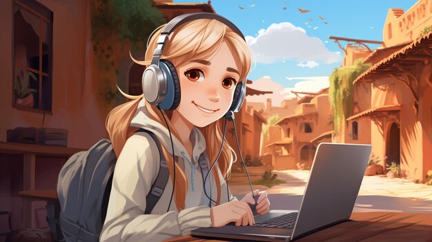 Nativos digitales una niña usando una computadora portátil con auriculares genalpha kids futuros niños ilustración arte