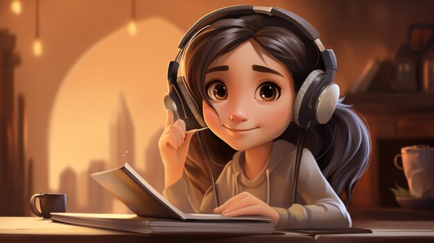 Nativos digitales una niña usando una computadora portátil con auriculares genalpha kids futuros niños ilustración arte