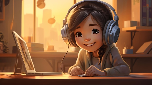 Nativos digitales una niña usando una computadora portátil con auriculares genalpha kids futuros niños ilustración arte