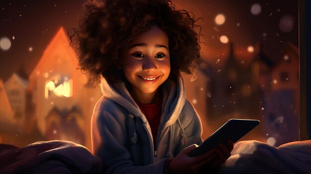 Nativos digitales una niña usando una pestaña mientras está acostada en la cama genalpha kids futuros niños ilustración arte