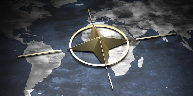 NATO-Nordatlantik-Allianz-Zeichensymbol auf Erdkugel-Kartenhintergrund 3D-Darstellung