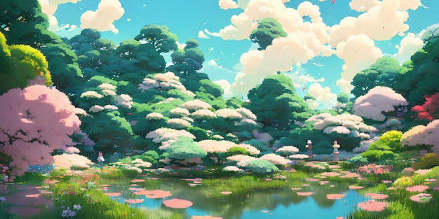 Natürliche Anime-Landschaft mit hellem Himmel und saftigen Farben