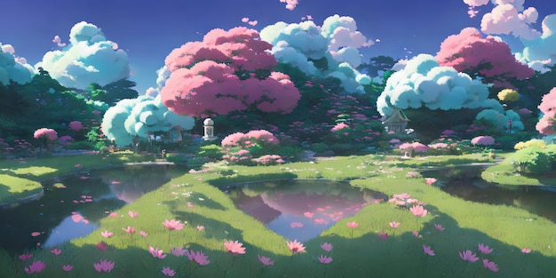 Natürliche Anime-Landschaft mit hellem Himmel und saftigen Farben