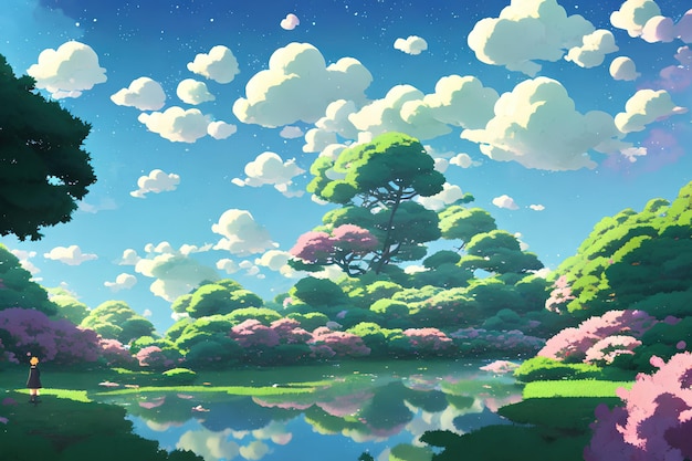 Natürliche Anime-Landschaft mit hellem Himmel und saftigen Farben