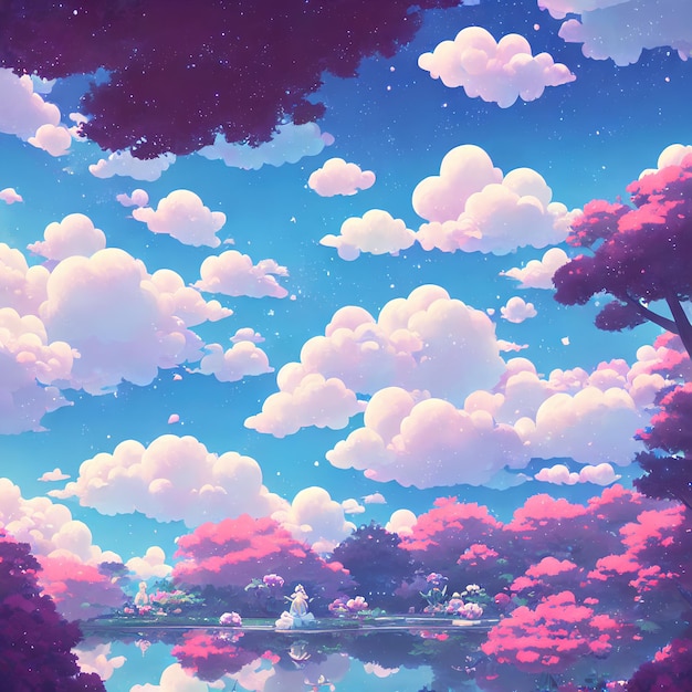 Natürliche Anime-Landschaft mit hellem Himmel und saftigen Farben