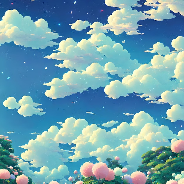 Natürliche Anime-Landschaft mit hellem Himmel und saftigen Farben