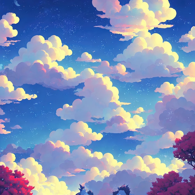 Natürliche Anime-Landschaft mit hellem Himmel und saftigen Farben